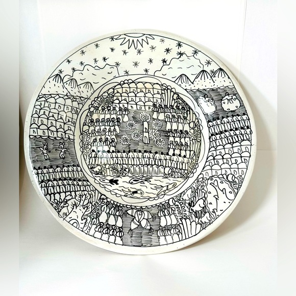 Other - Mexican Folk Art Michoacan Pottery 16’ Vintage Plate - Black White